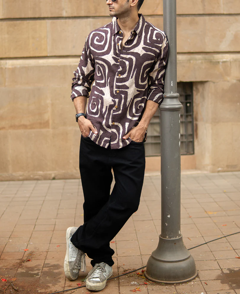 Coffee Brown Abstract Print Shirt 100% Cotton - Image 7