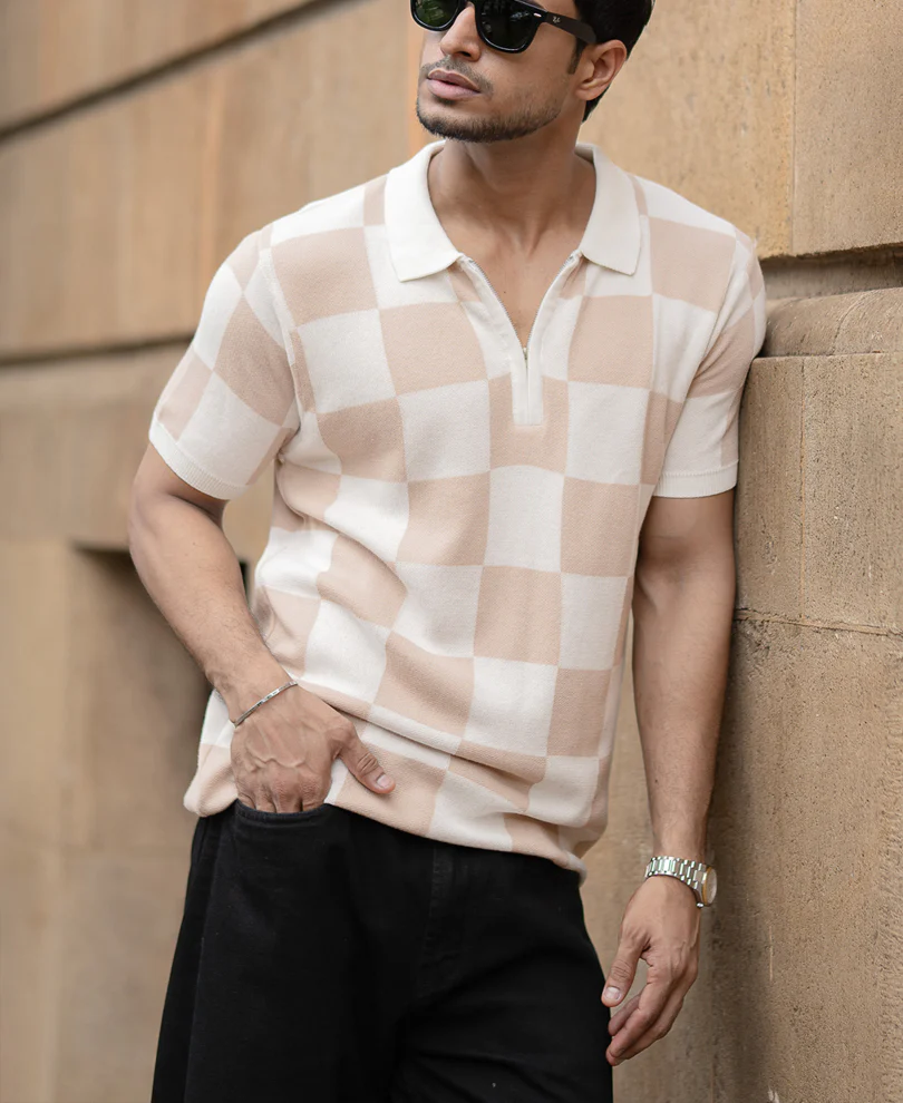 White And Beige Checkerboard Knit T-Shirt 100% Cotton - Image 2