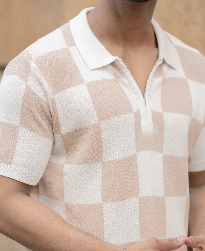 White And Beige Checkerboard Knit T-Shirt 100% Cotton - Image 3