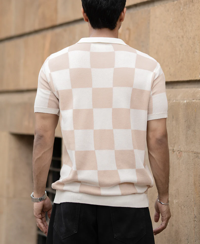 White And Beige Checkerboard Knit T-Shirt 100% Cotton - Image 5