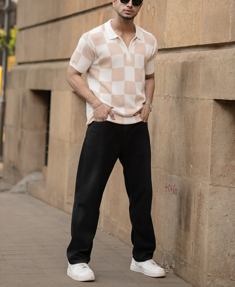 White And Beige Checkerboard Knit T-Shirt 100% Cotton - Image 6