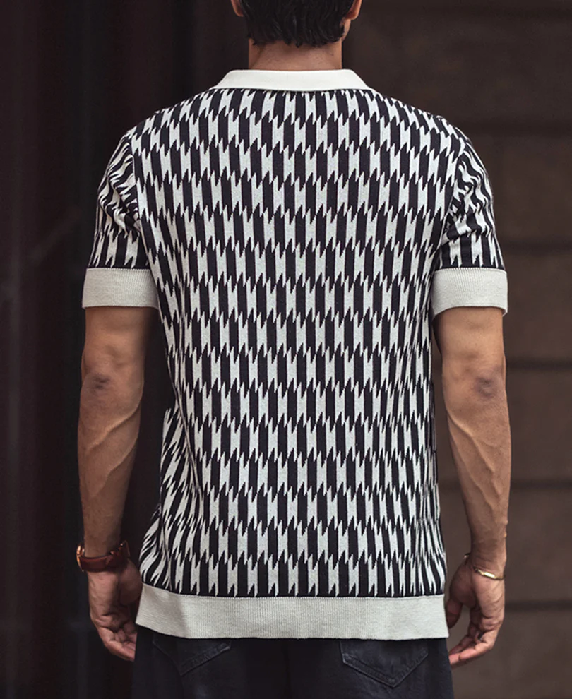 White and Black Knitted Regular Fit Half Sleeves Zipper T Shirt 100% Cotton - Image 3