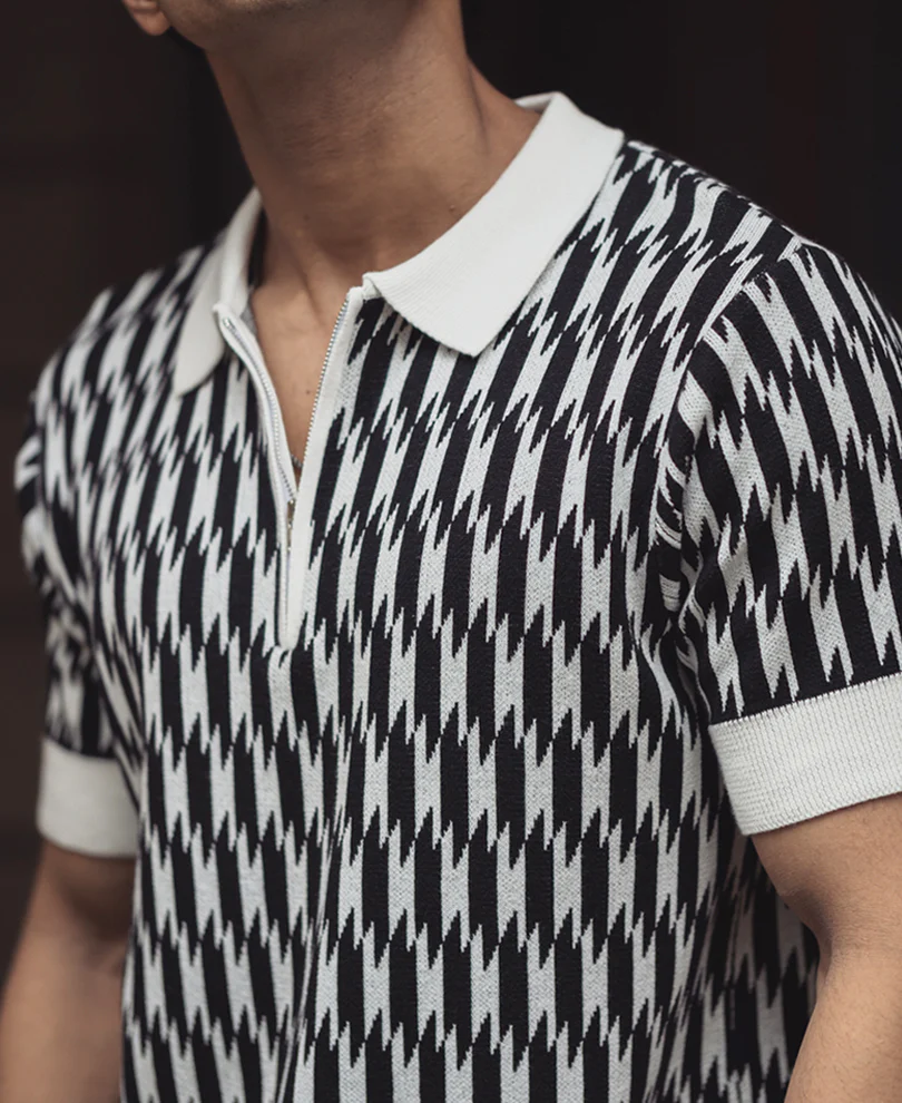 White and Black Knitted Regular Fit Half Sleeves Zipper T Shirt 100% Cotton - Image 4