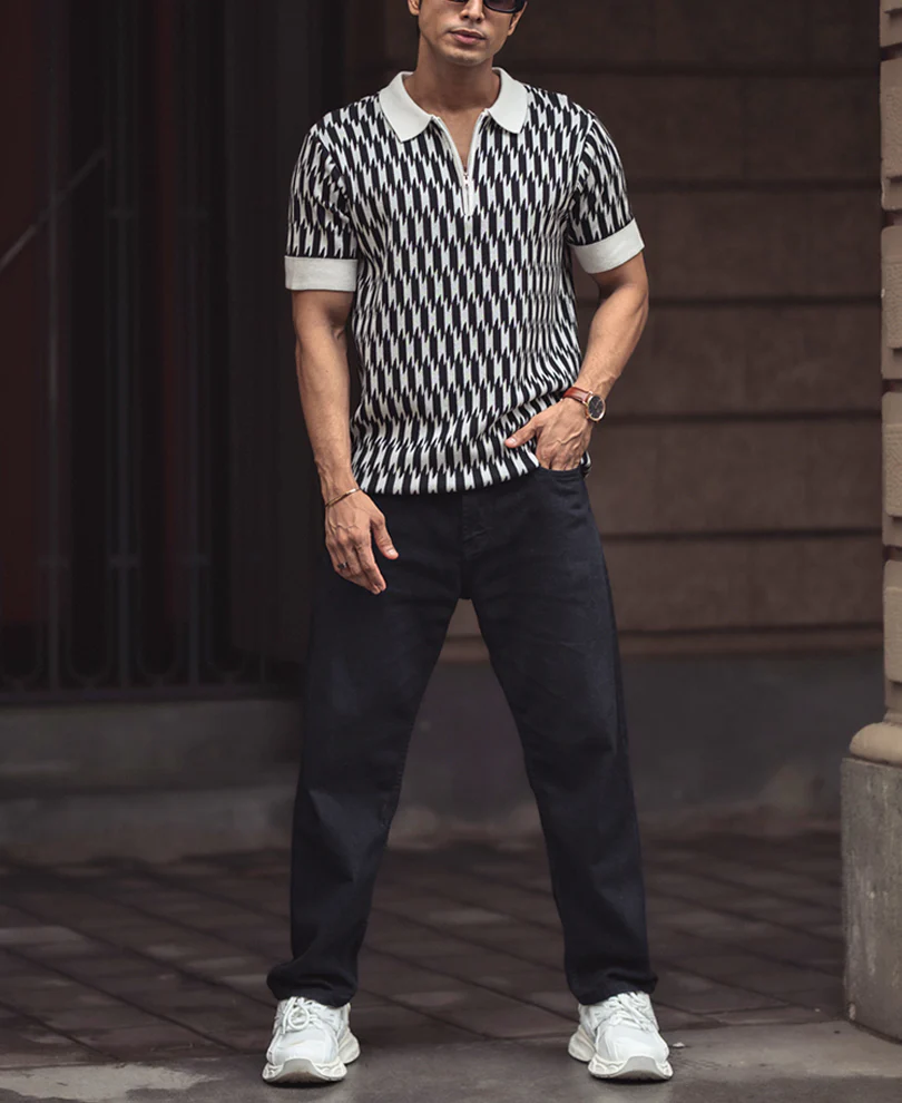 White and Black Knitted Regular Fit Half Sleeves Zipper T Shirt 100% Cotton - Image 5