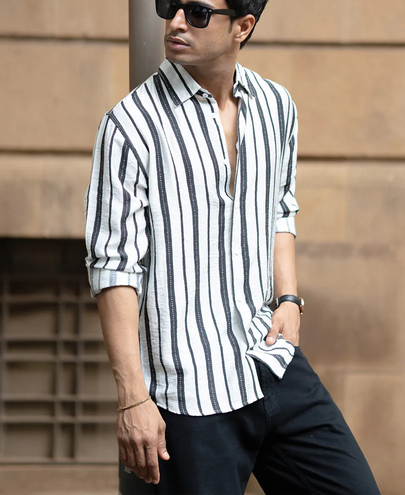White And Black Striped Flowy Shirt - Image 3