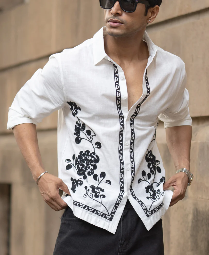 White Slub Embroidered Shirt 100% Cotton - Image 2