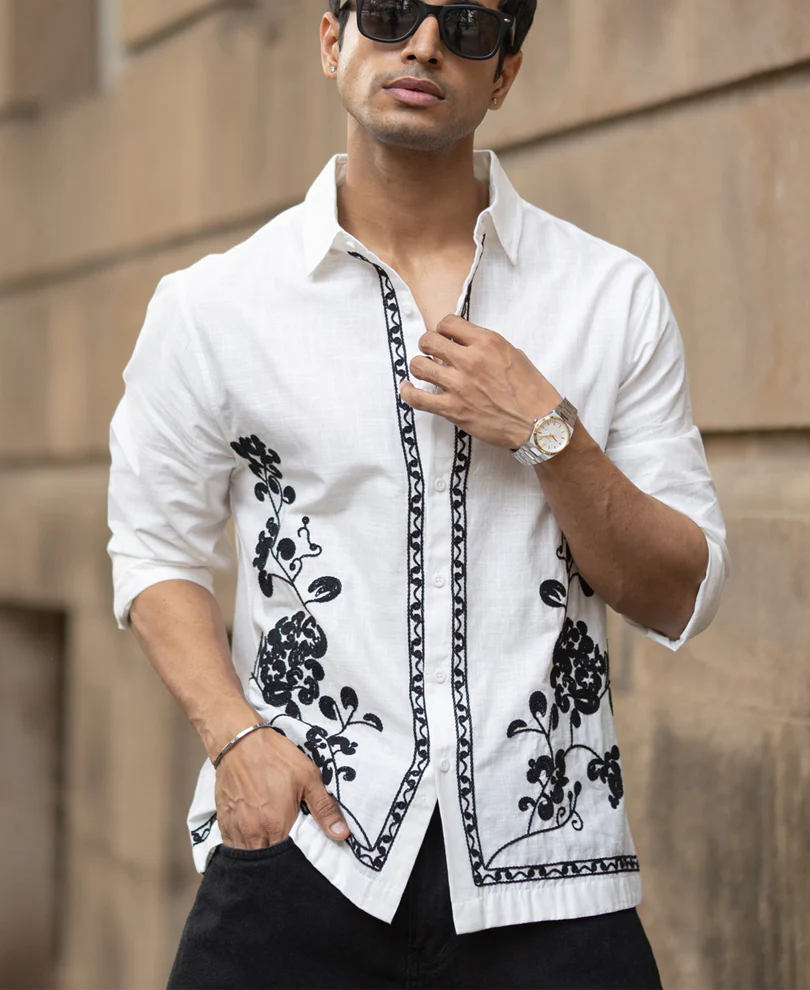 White Slub Embroidered Shirt 100% Cotton - Image 3