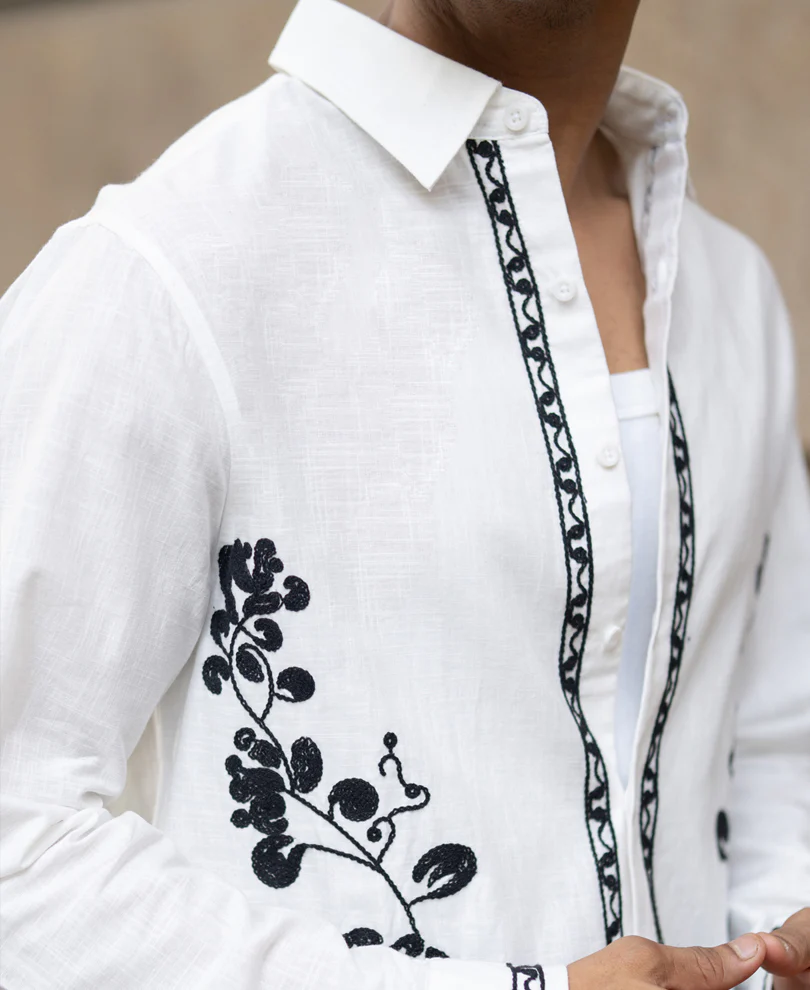 White Slub Embroidered Shirt 100% Cotton - Image 4