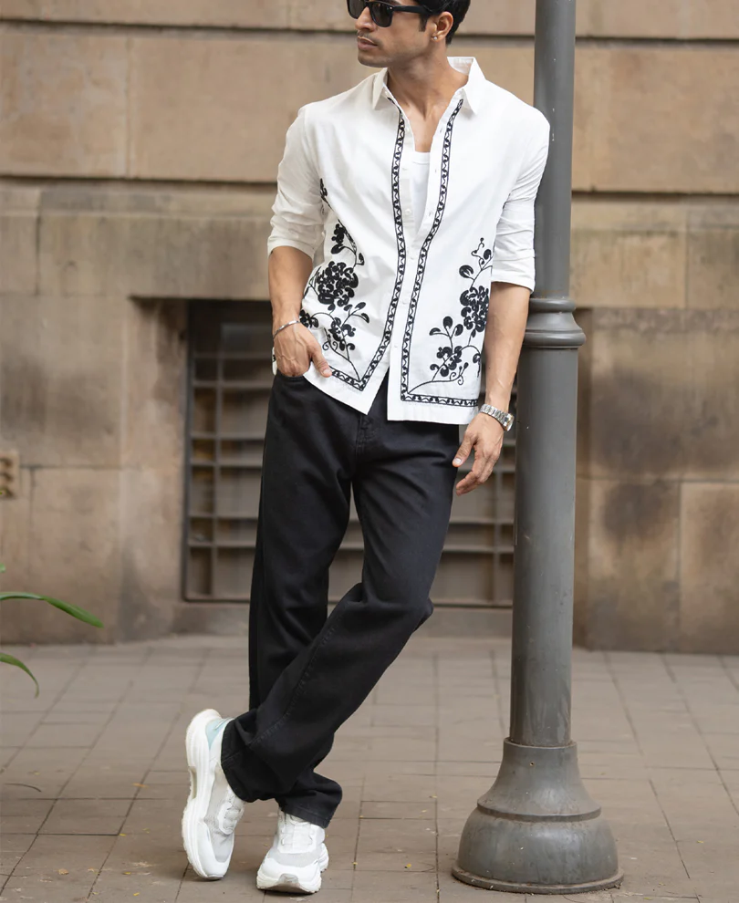 White Slub Embroidered Shirt 100% Cotton - Image 7