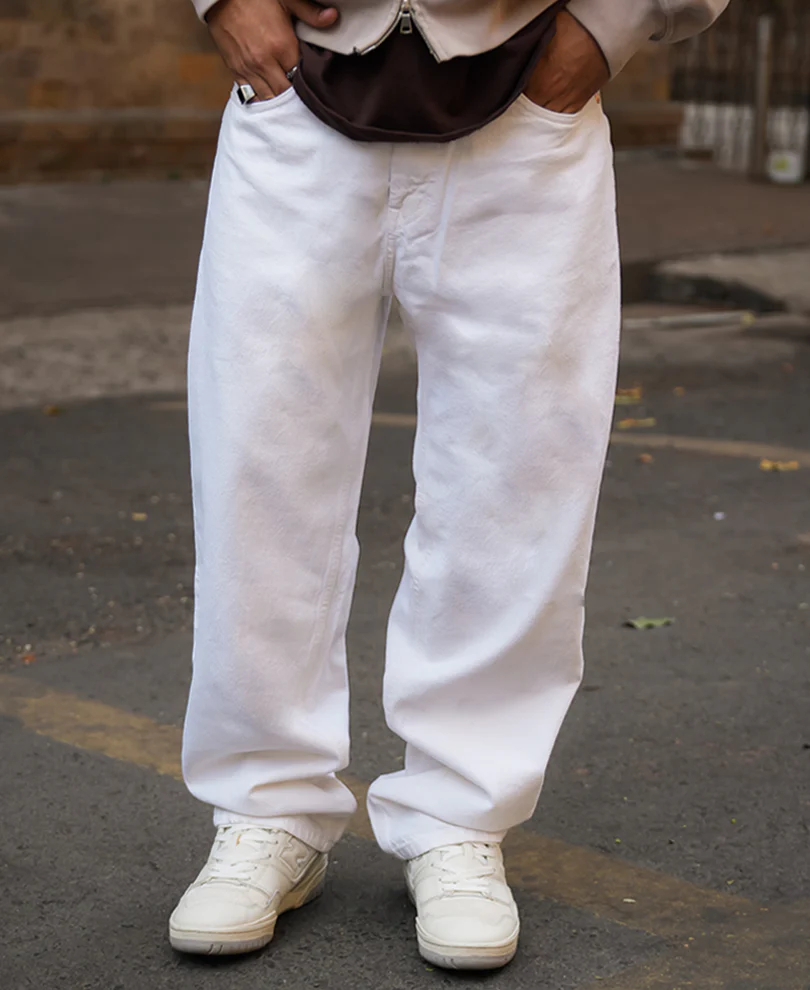 White Denim Solid Baggy Fit Jeans 100% Cotton - Image 3