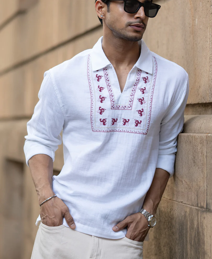 White Embroidered Kurta Shirt 100% Cotton - Image 2