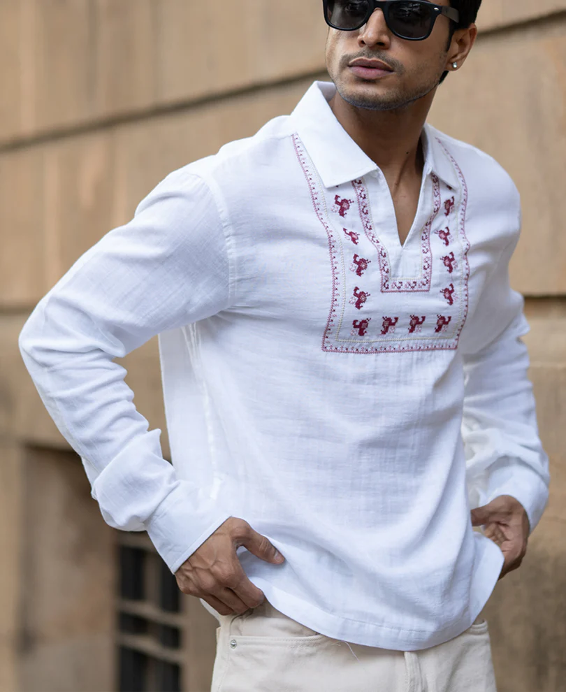White Embroidered Kurta Shirt 100% Cotton - Image 3