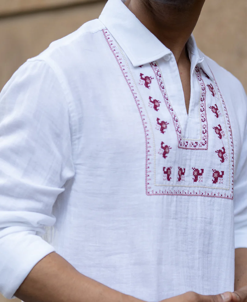 White Embroidered Kurta Shirt 100% Cotton - Image 4