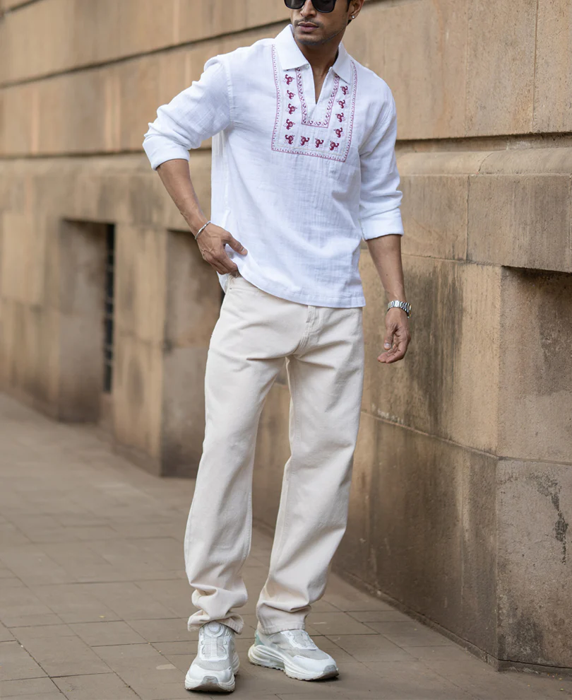 White Embroidered Kurta Shirt 100% Cotton - Image 7