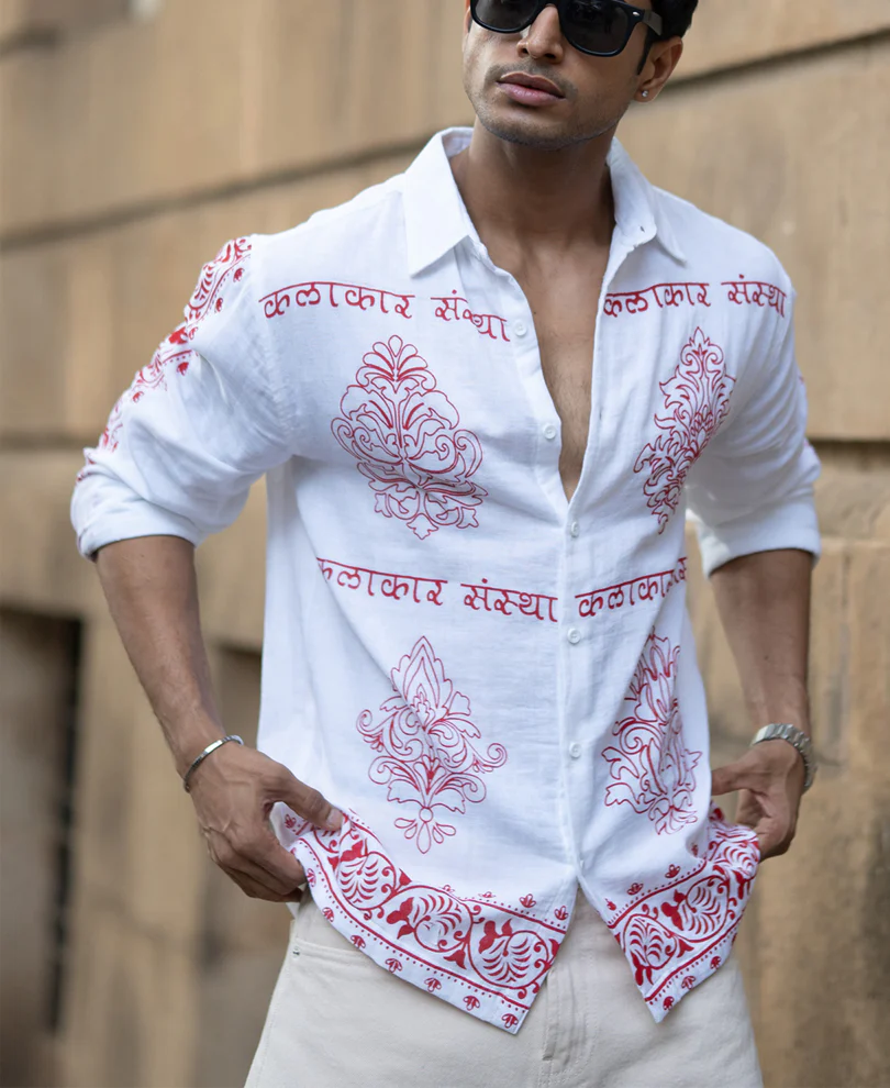 White Kalakar Print Shirt 100% Cotton - Image 3