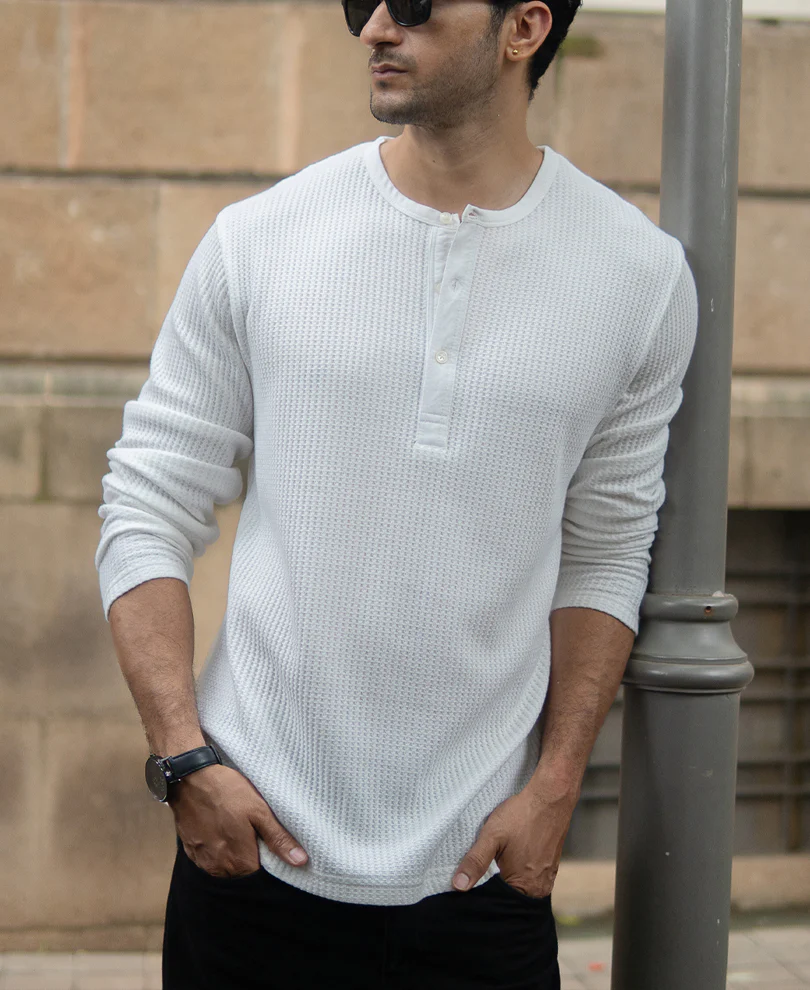 White Knitted Henley T-Shirt - Image 2