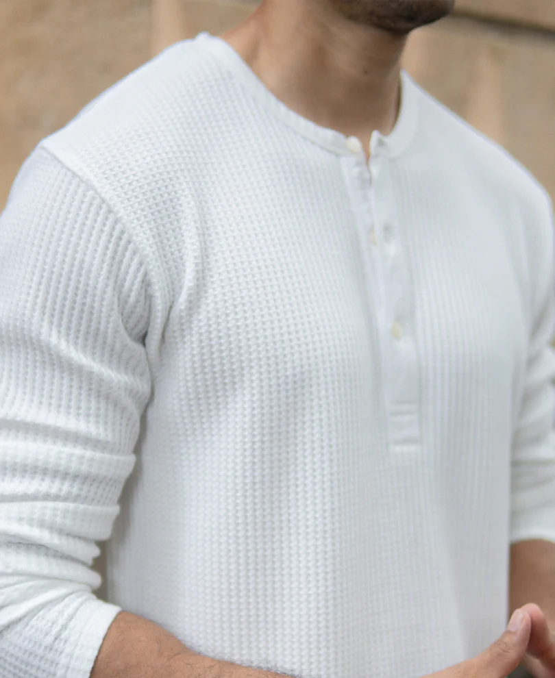 White Knitted Henley T-Shirt - Image 3