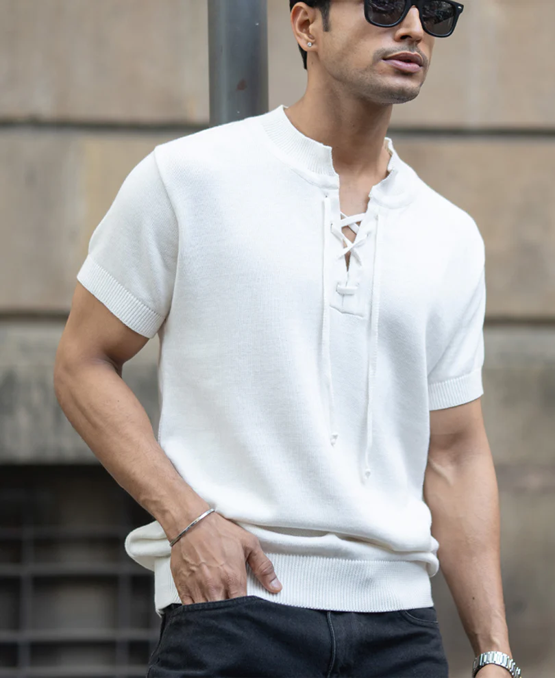 White Knitted Regular Fit Henley T-Shirt 100% Cotton - Image 3