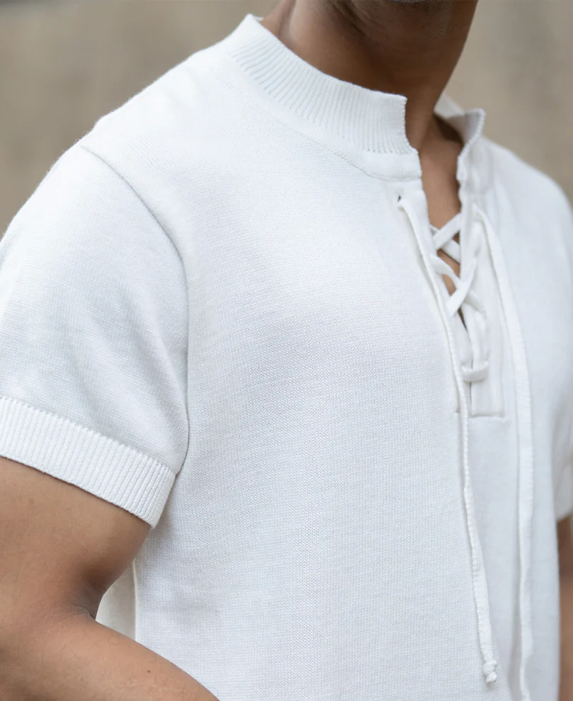 White Knitted Regular Fit Henley T-Shirt 100% Cotton - Image 4