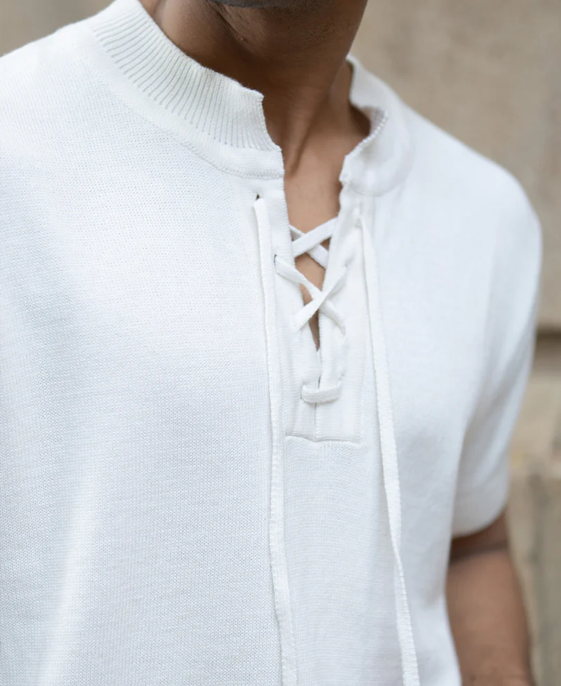 White Knitted Regular Fit Henley T-Shirt 100% Cotton - Image 5