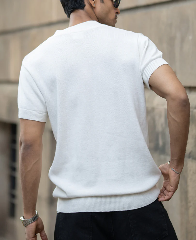 White Knitted Regular Fit Henley T-Shirt 100% Cotton - Image 6