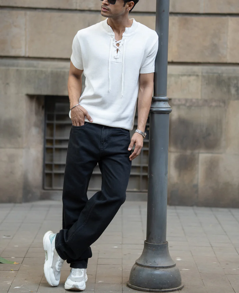 White Knitted Regular Fit Henley T-Shirt 100% Cotton - Image 7