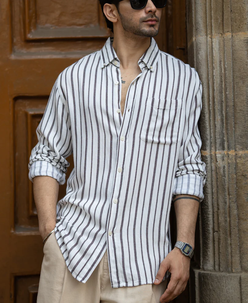 White Linen Blend Stripe Shirt - Image 2