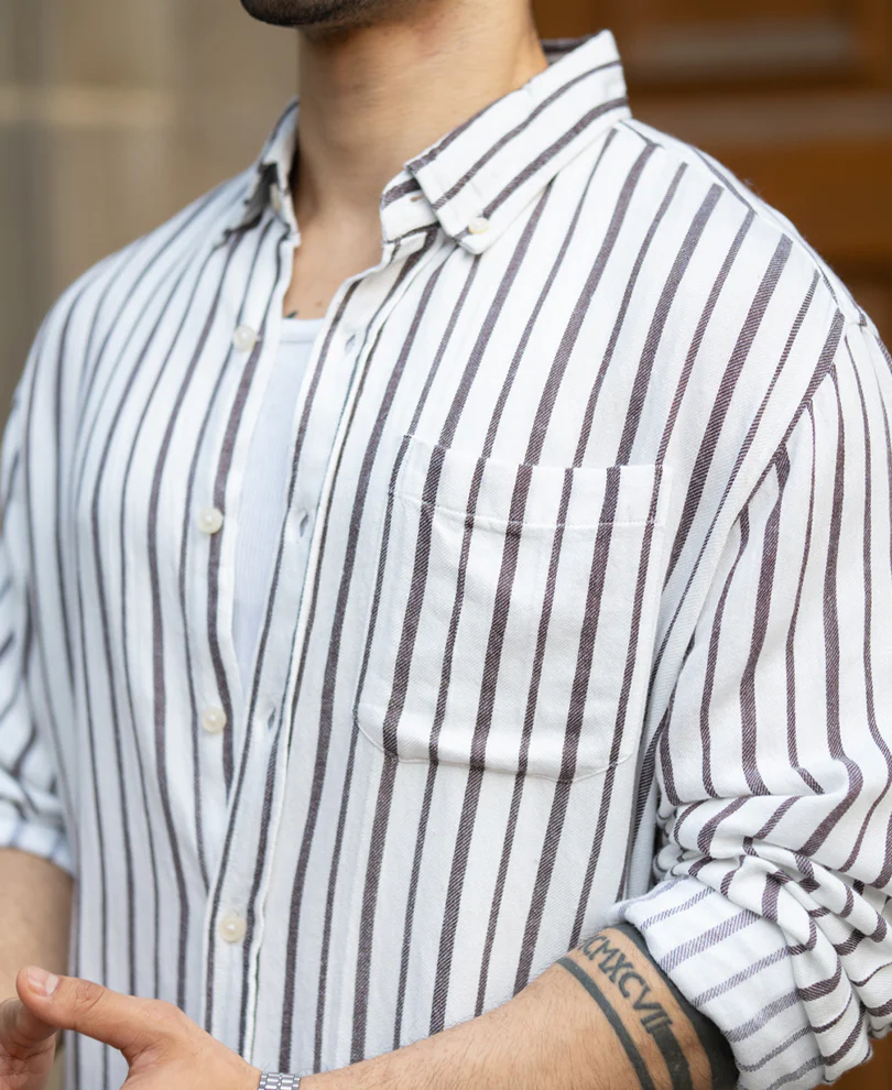White Linen Blend Stripe Shirt - Image 4