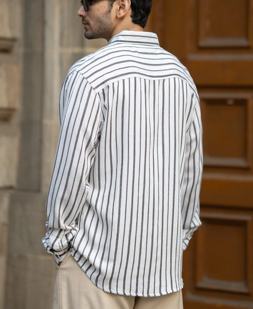 White Linen Blend Stripe Shirt - Image 5