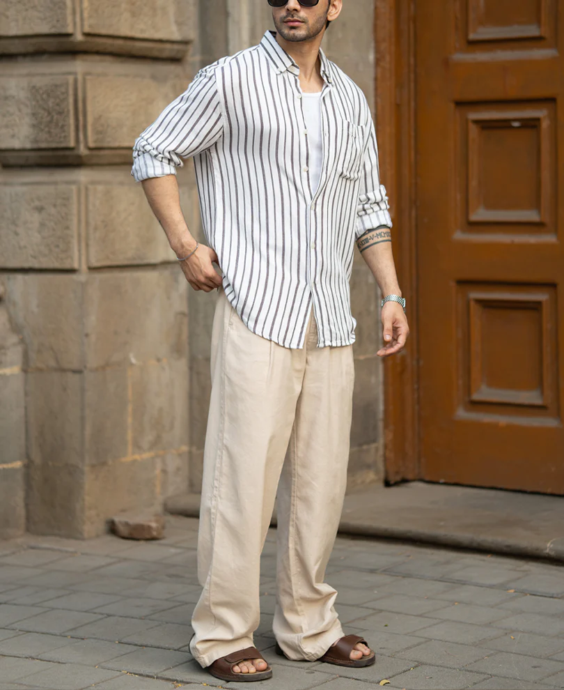 White Linen Blend Stripe Shirt - Image 6