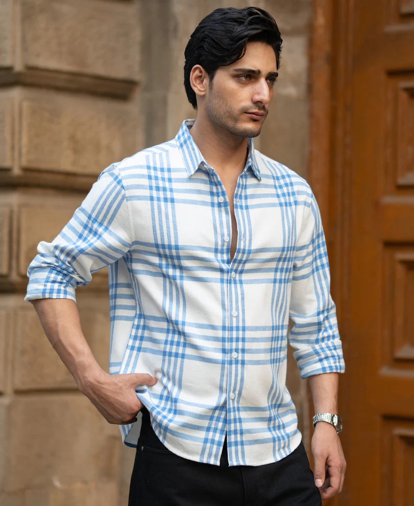 White & Royal Brushed Checks Shirt 100% Cotton - Image 2