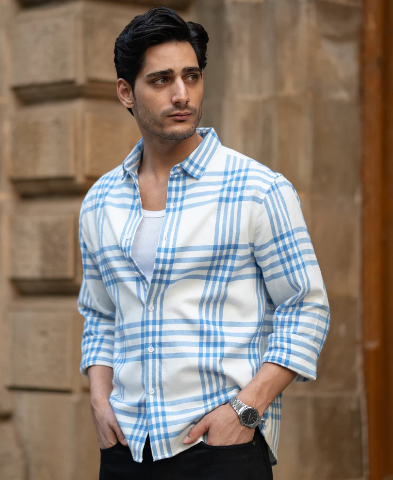 White & Royal Brushed Checks Shirt 100% Cotton - Image 3
