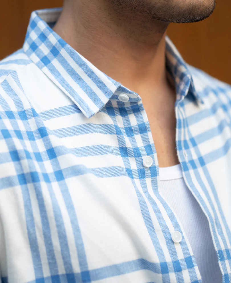 White & Royal Brushed Checks Shirt 100% Cotton - Image 4