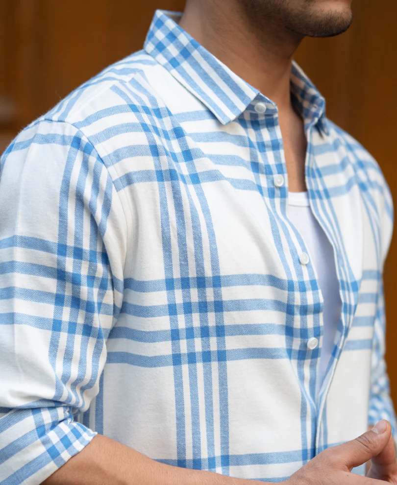 White & Royal Brushed Checks Shirt 100% Cotton - Image 5