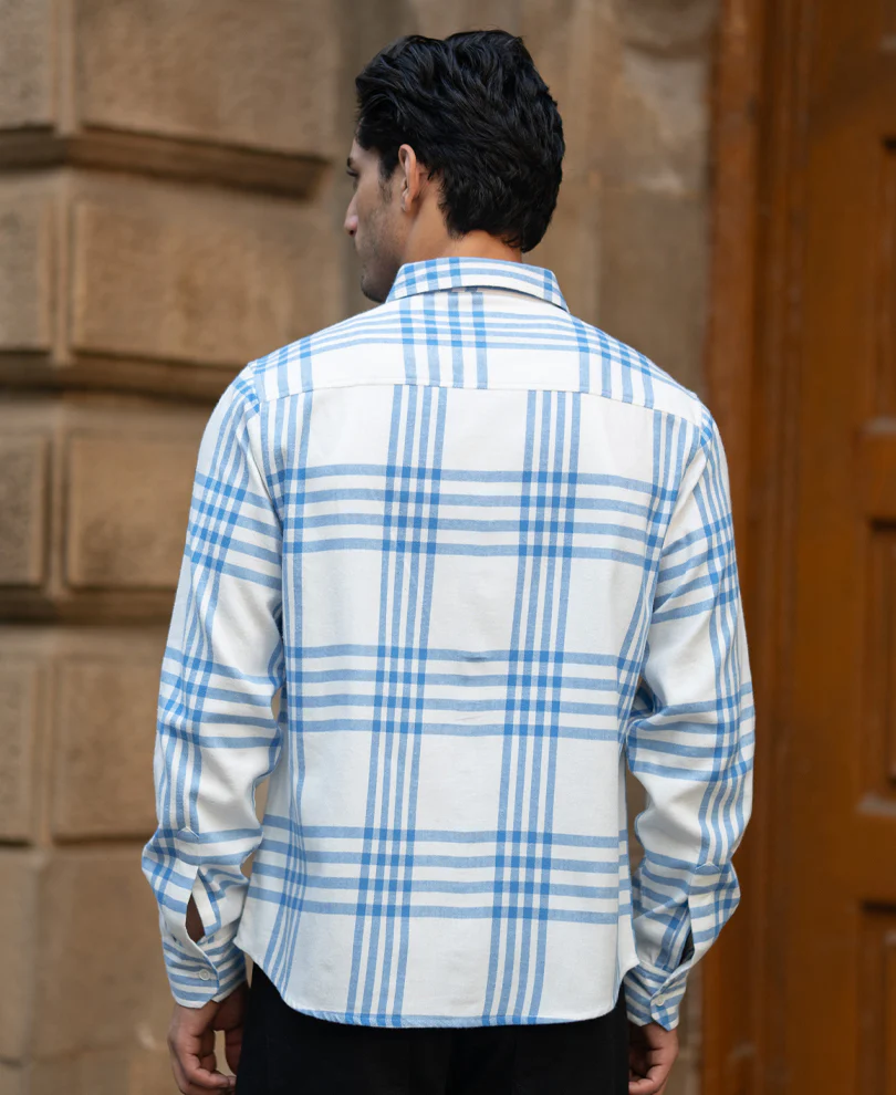 White & Royal Brushed Checks Shirt 100% Cotton - Image 6
