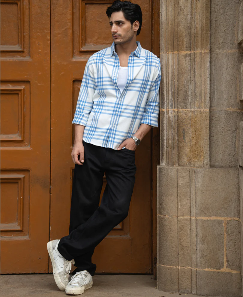 White & Royal Brushed Checks Shirt 100% Cotton - Image 7