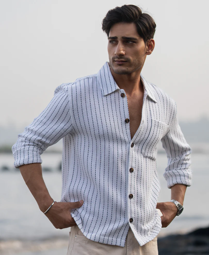 White Structure Stripe Overshirt - Image 2