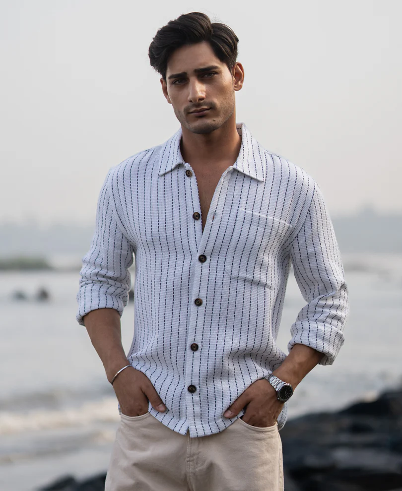 White Structure Stripe Overshirt - Image 4