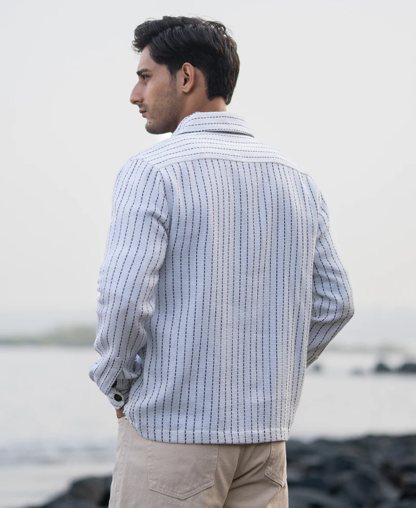 White Structure Stripe Overshirt - Image 6