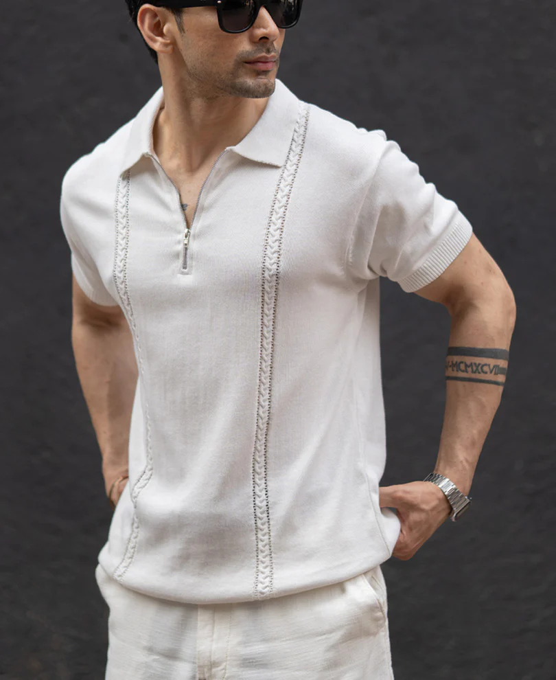 White Structured Knit Zipper T-Shirt 100% Cotton - Image 2