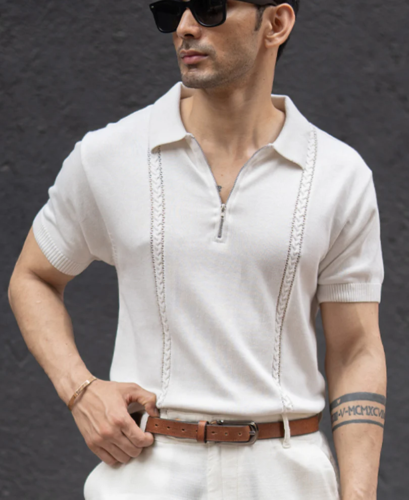 White Structured Knit Zipper T-Shirt 100% Cotton - Image 3