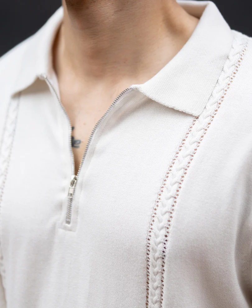 White Structured Knit Zipper T-Shirt 100% Cotton - Image 5
