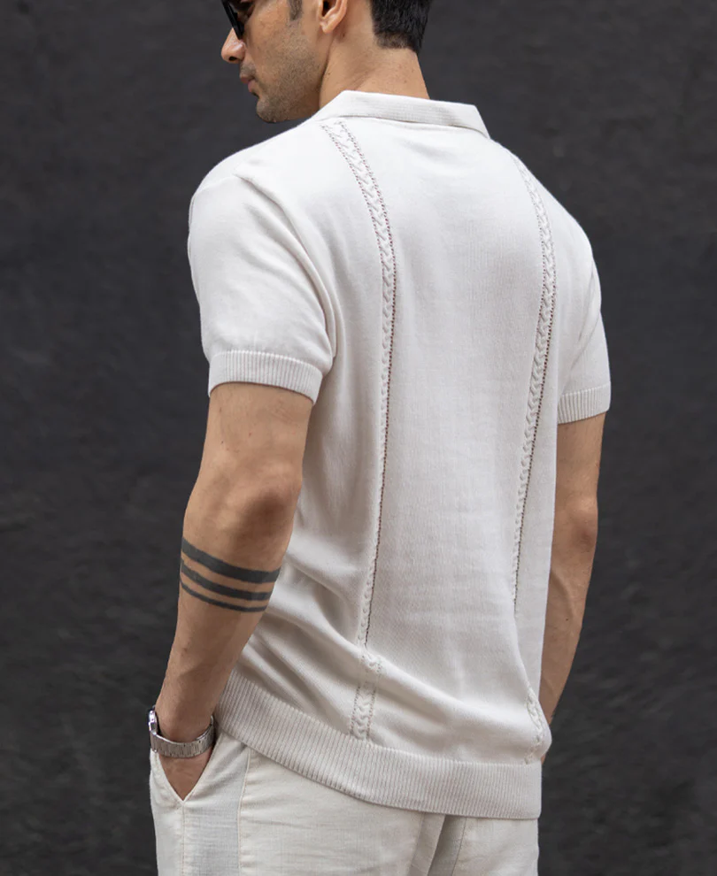 White Structured Knit Zipper T-Shirt 100% Cotton - Image 6