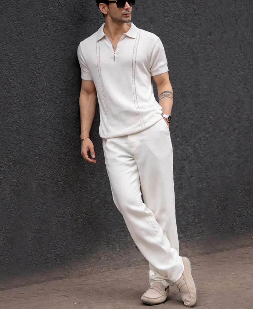 White Structured Knit Zipper T-Shirt 100% Cotton - Image 7