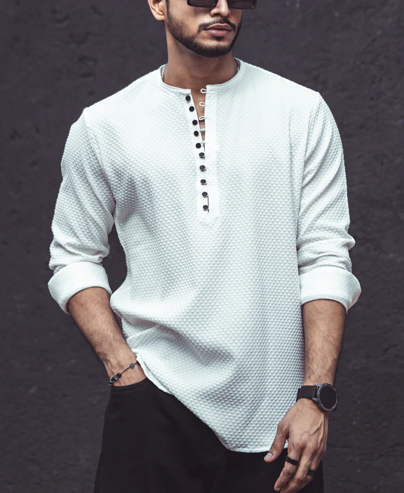 White Textured Kurta Style Shirt - Image 2