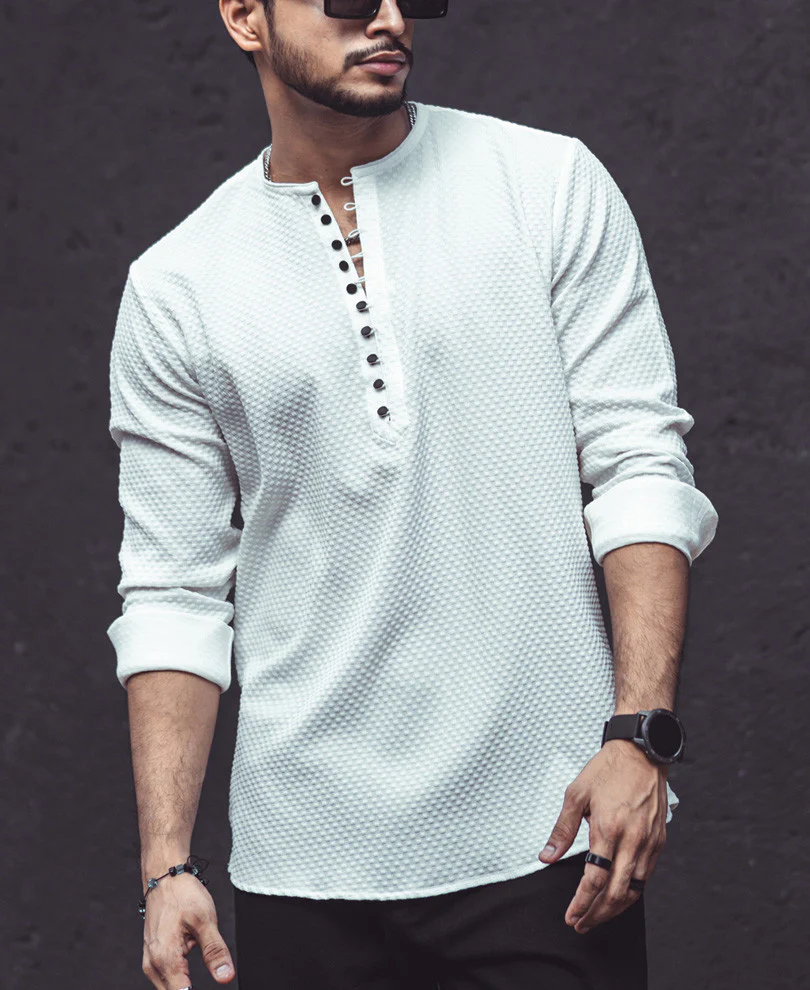 White Textured Kurta Style Shirt - Image 3
