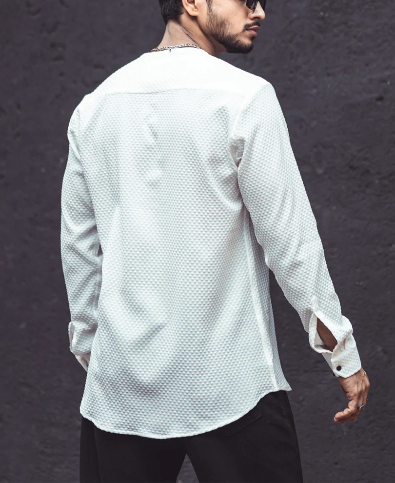 White Textured Kurta Style Shirt - Image 5
