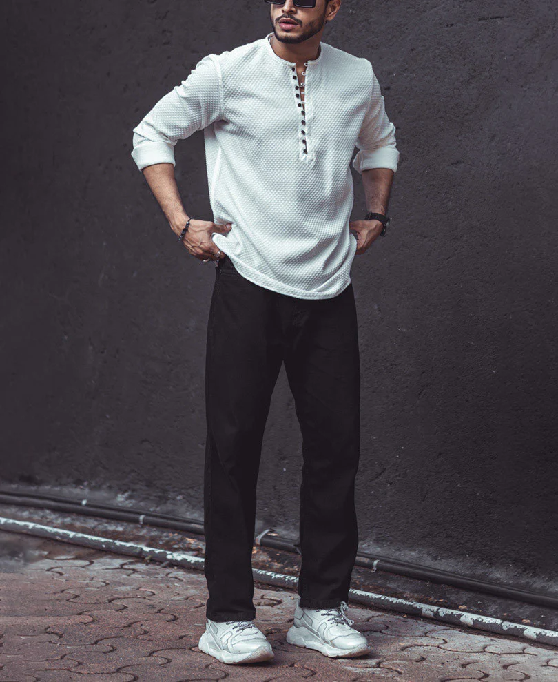 White Textured Kurta Style Shirt - Image 7
