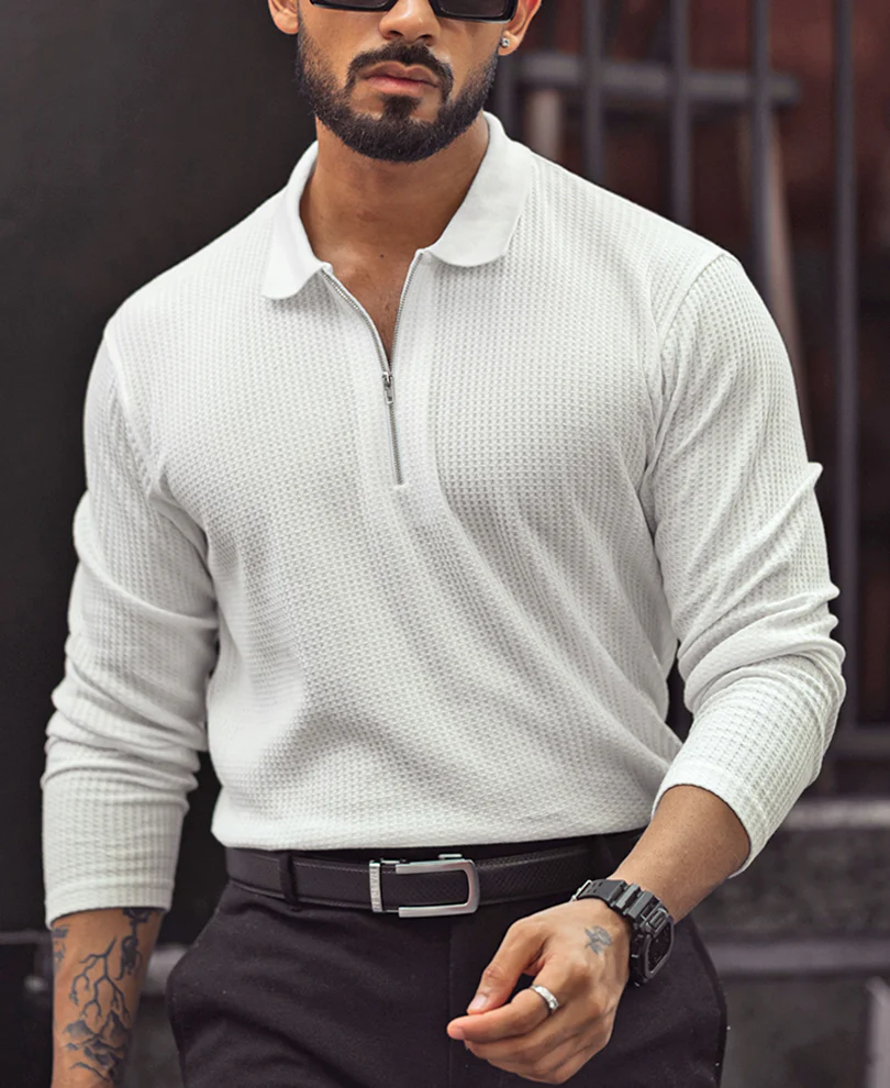 White Waffle Design Regular Fit Full Sleeve T-Shirt with Zipper - Image 2