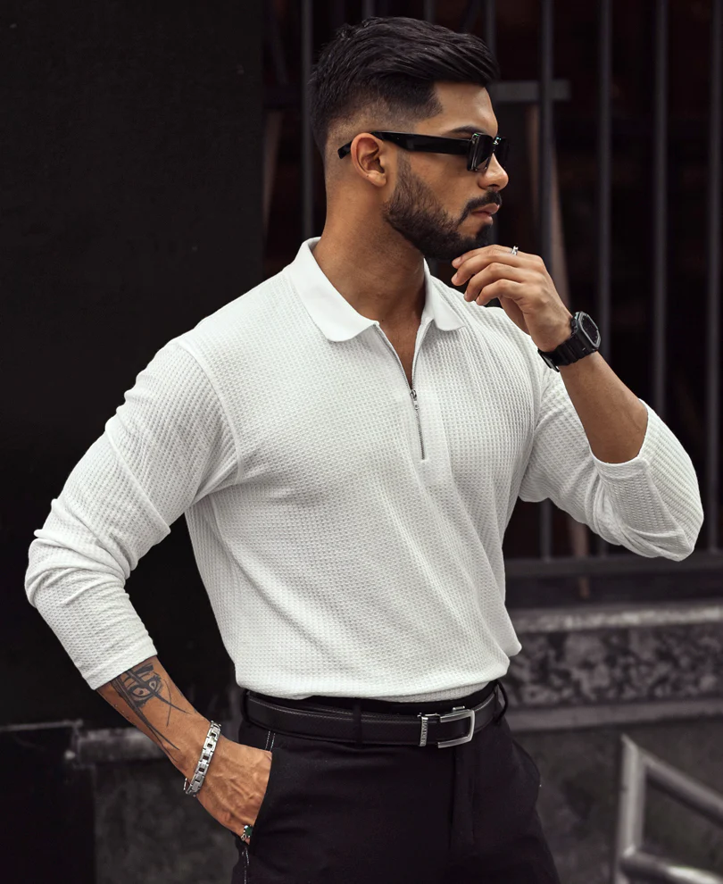 White Waffle Design Regular Fit Full Sleeve T-Shirt with Zipper - Image 3